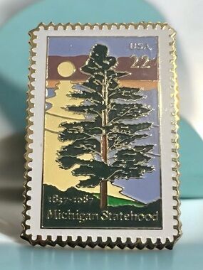 Lapel pin USPS Michigan Statehood 1837-1987 22-Cent Stamp enamel gold tone.
